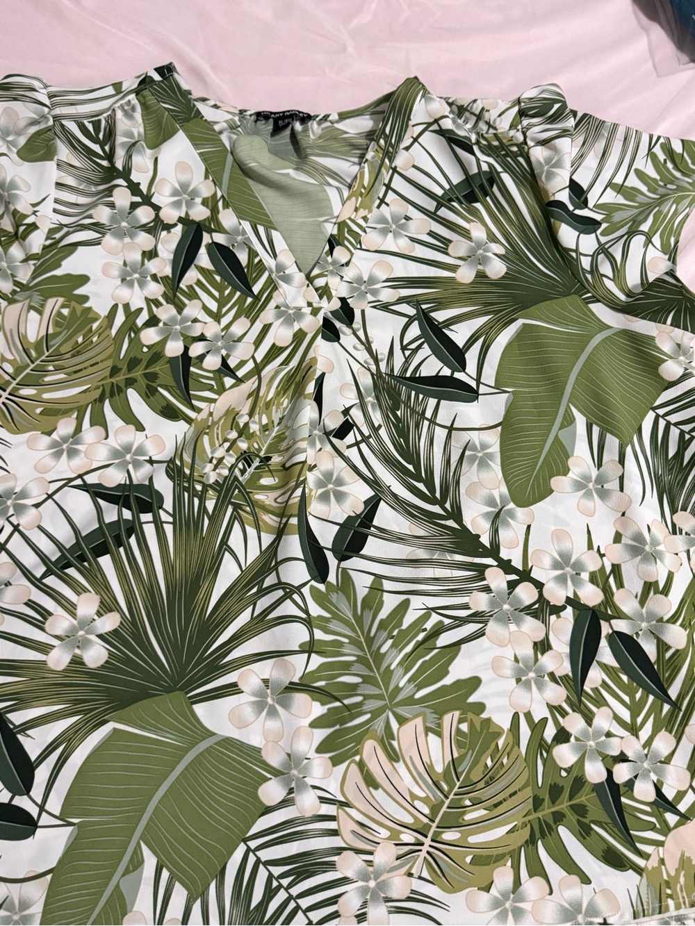 Hilary Radley Green and White Tropical Leaf Print V-Neck Blouse